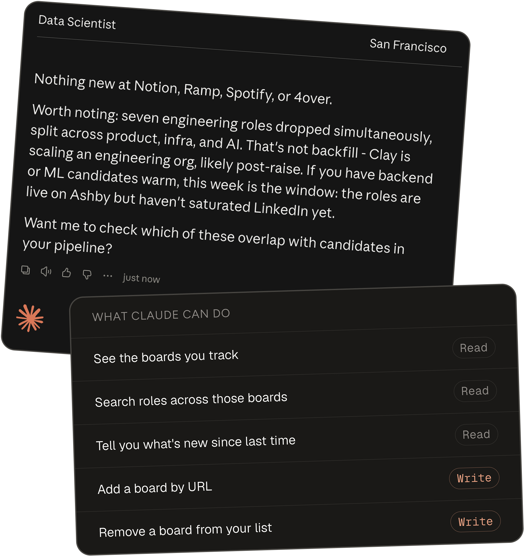 A Claude conversation reporting newly posted roles, beside a panel headed What Claude can do: See the boards you track (read), Search roles across those boards (read), Tell you what's new since last time (read), Add a board by URL (write), Remove a board from your list (write).